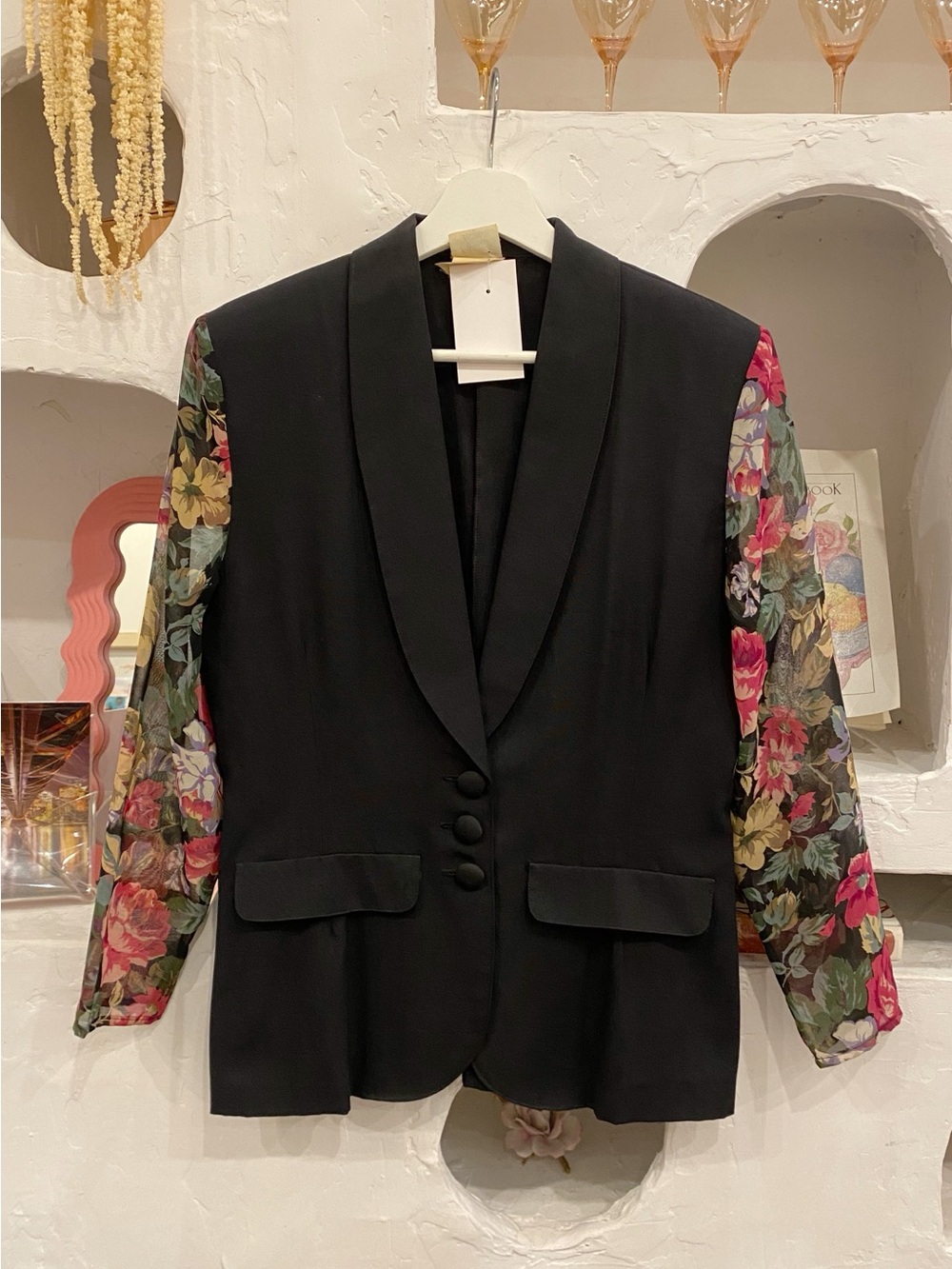80s Retro Black Button Up Blazer with Floral Sheer Sleeves and Shoulder Pads